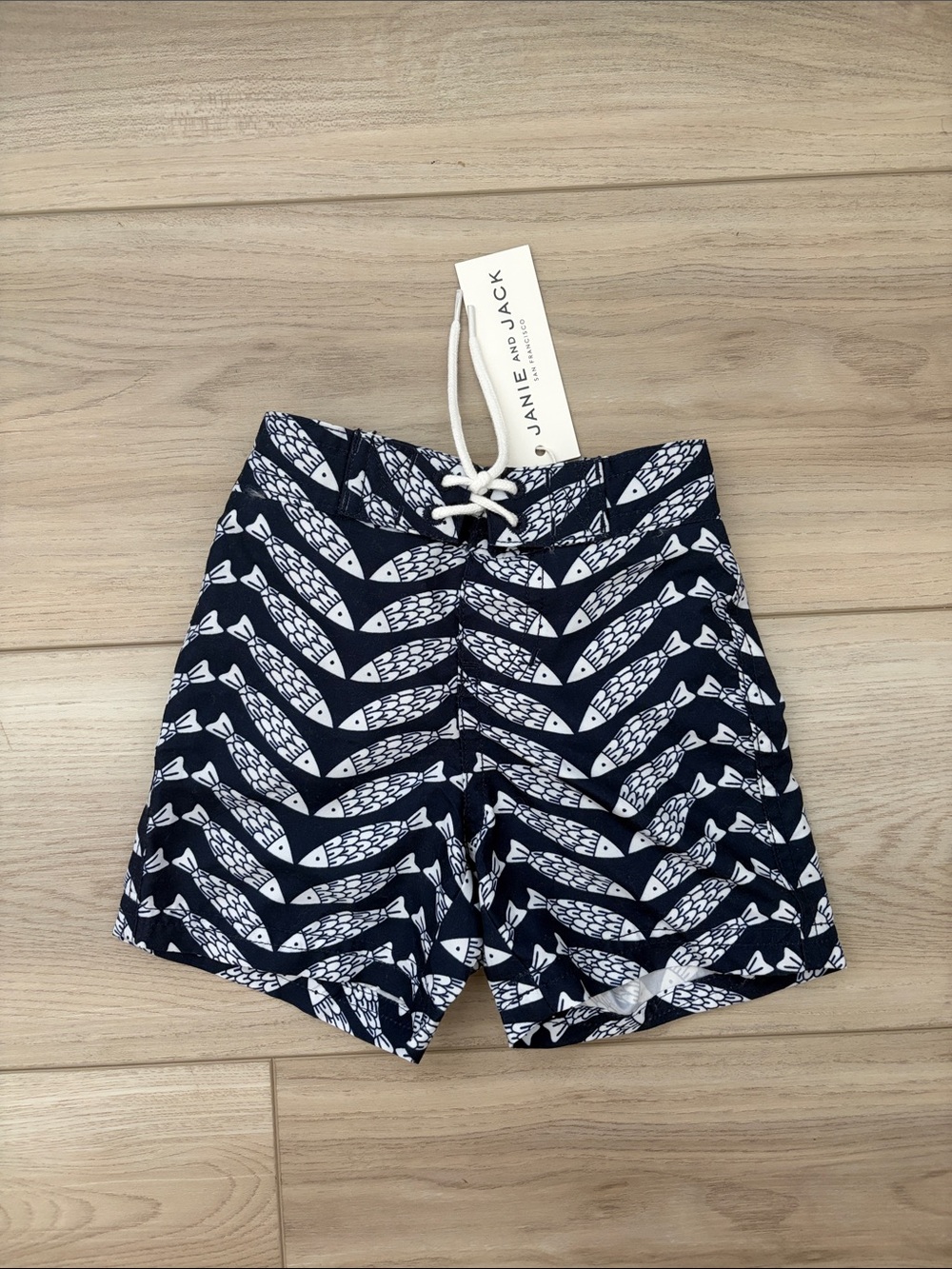 Janie and Jack Navy and White Fish-Pattern Swim Trunks